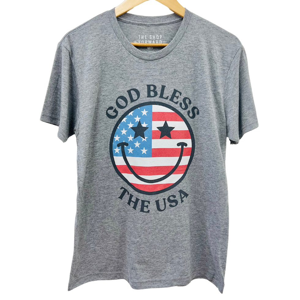 'GOD BLESS THE USA' Happy Face Unisex Tee - Grey
