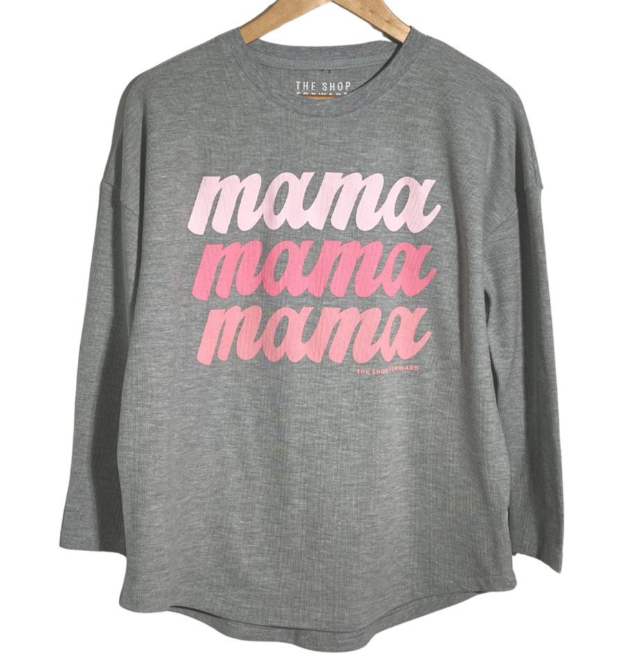 'mama' Repeat Textured Waffle Knit Long Sleeve Tee - Grey