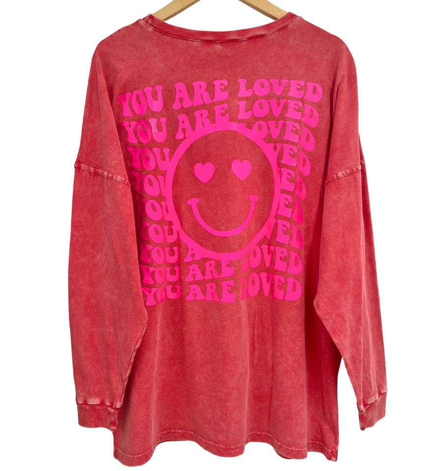 'You are Loved' Happy Face Oversized Long Sleeve Tee - Red & Hot Pink