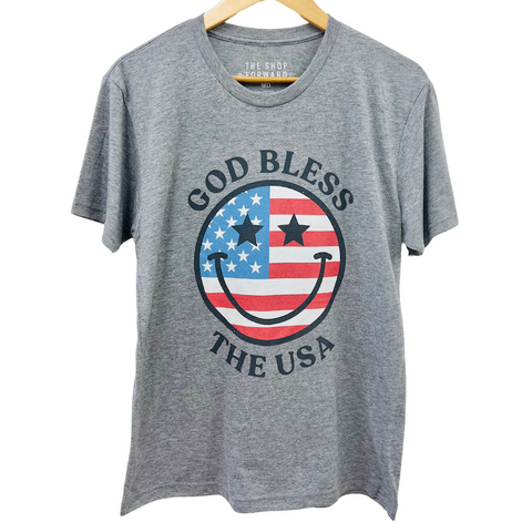 'GOD BLESS THE USA' Happy Face Unisex Tee - Grey