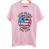 'GOD BLESS THE USA' Happy Face Unisex Tee - Pink