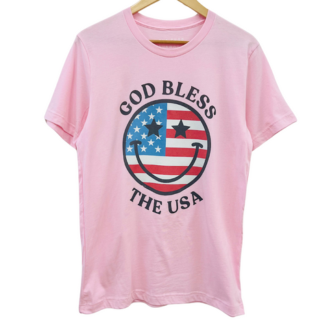 'GOD BLESS THE USA' Happy Face Unisex Tee - Pink