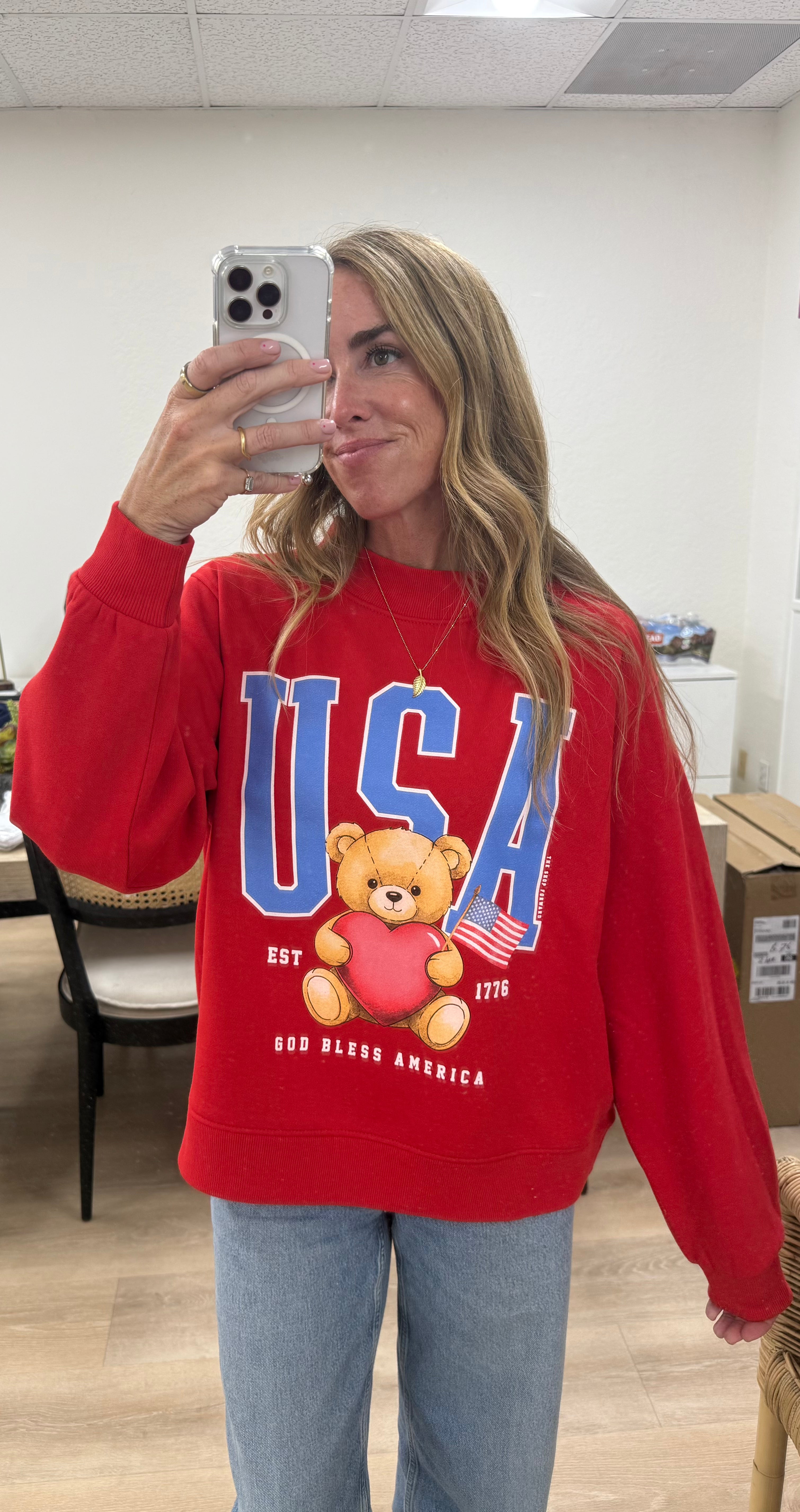 'USA' TEDDY BEAR WOMEN'S BOXY PULLOVER