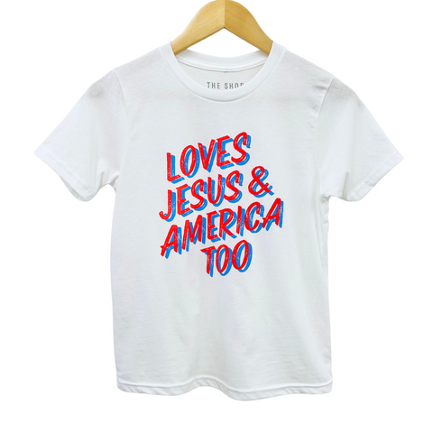 'Loves Jesus & America Too' Kids Tee - White