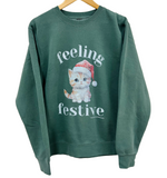 Feeling Festive Santa Cat Pullover - Vintage Green