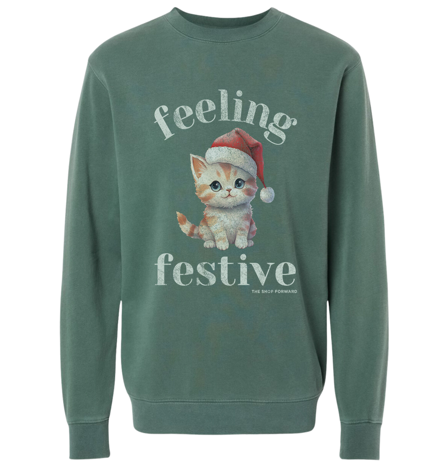 Feeling Festive Santa Cat Pullover - Vintage Green