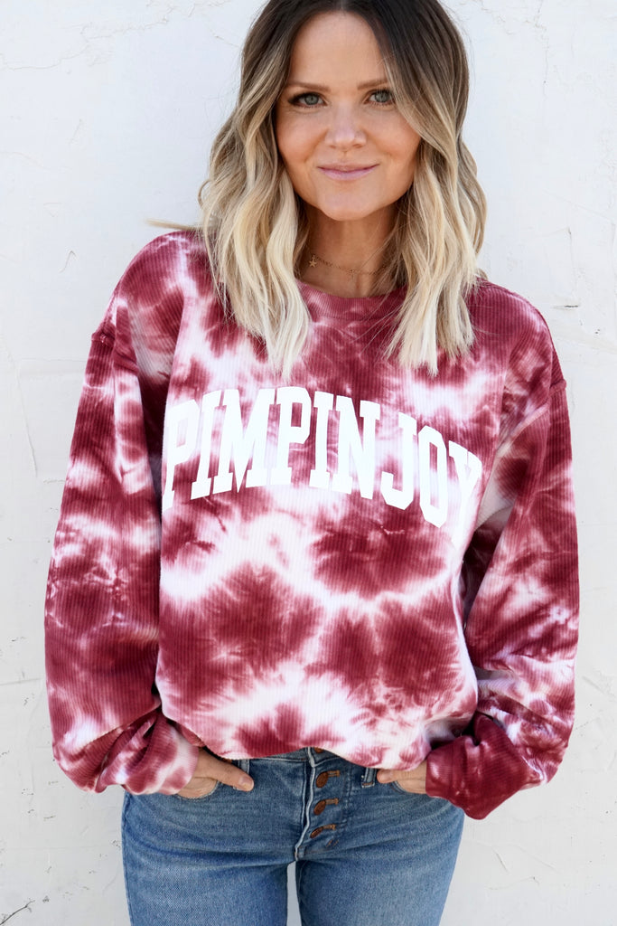 #PIMPINJOY Collegiate Corded Crew Pullover - Maroon Tie Dye